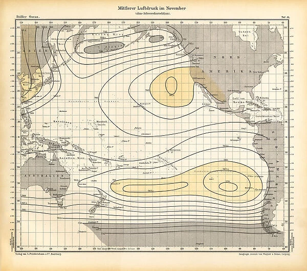 November Air Pressure Chart, Pacific Ocean, German Antique Victorian Engraving, 1896