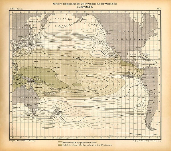 November Mean Temperature of Seawater at the Surface Chart, Pacific Ocean, German Antique Victorian Engraving, 1896