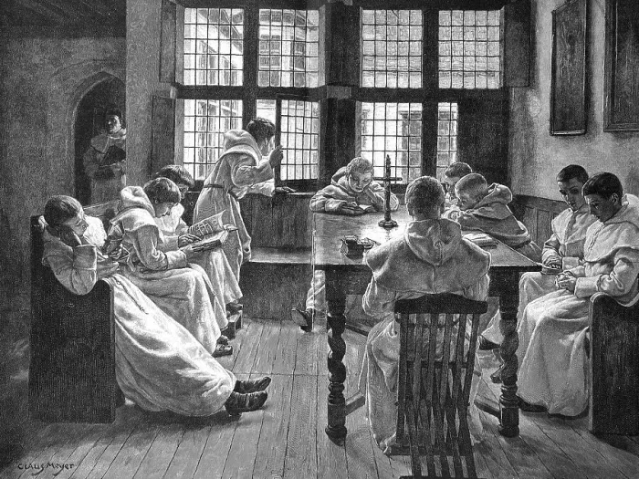 Framed Print : Novices in a convent school, 1880, digitally restored reproduction original 19th century painting, boys sitting around a table reading in books, Germany Framed Print : Novices in a convent school, 1880, digitally restored reproduction original 19th century painting, boys sitting around a table reading in books, Germany