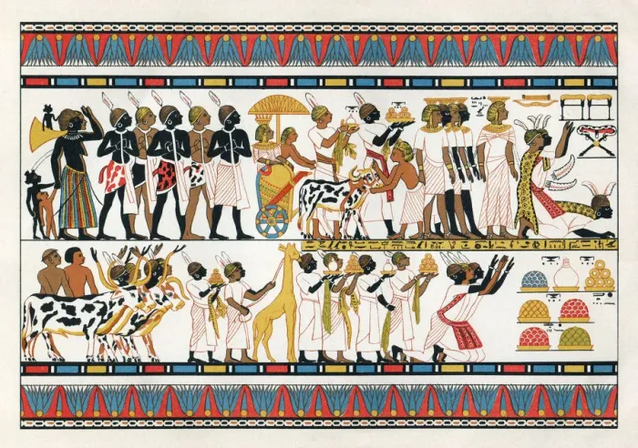 Framed Print : Nubian tribal chiefs offering gifts to the egyptian king 1380 B. C