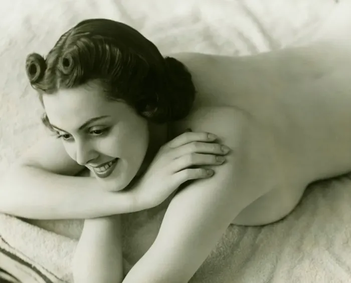 Framed Print : Nude woman lying face down on bed, (B&W) Framed Print : Nude woman lying face down on bed, (B&W)