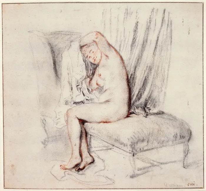 Framed Print : Nude woman sitting on a chaise longue, putting on her shirt, 18th century. Artist: Jean-Antoine Watteau Framed Print : Nude woman sitting on a chaise longue, putting on her shirt, 18th century. Artist: Jean-Antoine Watteau
