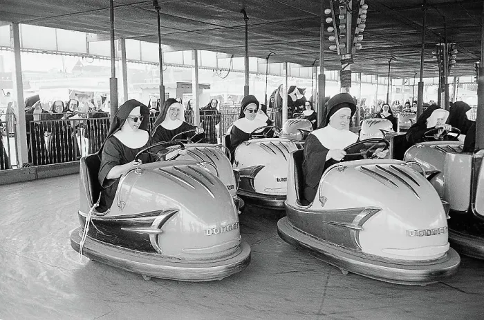 Framed Print : Nuns Driving Amusement Park Bumper Cars Framed Print : Nuns Driving Amusement Park Bumper Cars