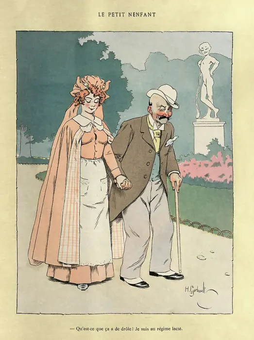Framed Print : Nurse helping an old man walking in the park, Vintage French cartoon Framed Print : Nurse helping an old man walking in the park, Vintage French cartoon