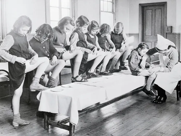 Framed Print : Nurse Inoculating Row of Youngsters Framed Print : Nurse Inoculating Row of Youngsters