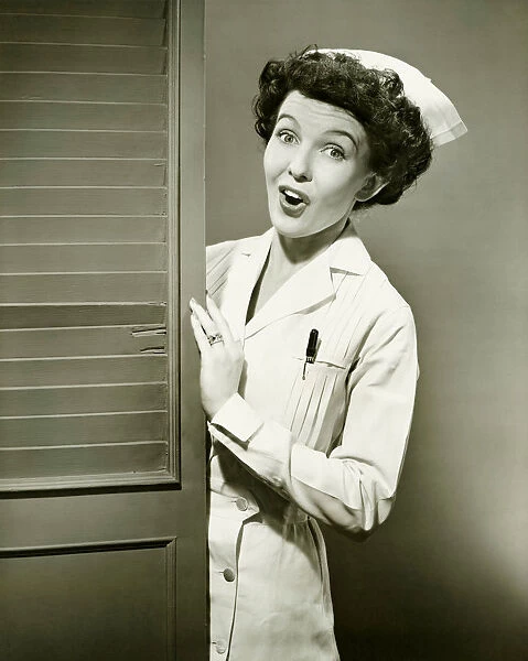 Nurse peeping trough opened doors, (B&W)