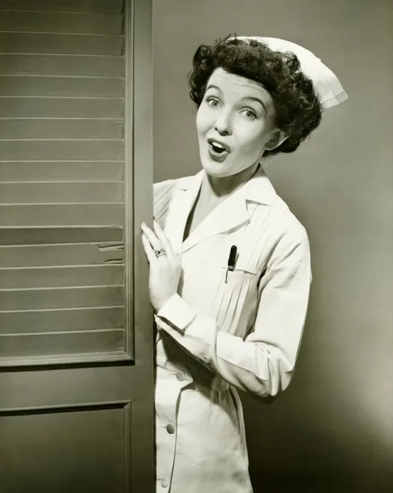 Framed Print : Nurse peeping trough opened doors, (B&W) Framed Print : Nurse peeping trough opened doors, (B&W)