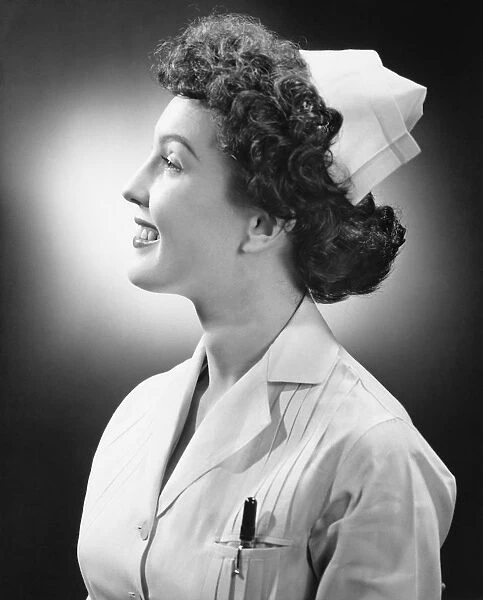 Nurse posing in studio, (B&W), (Close-up), (Portrait)