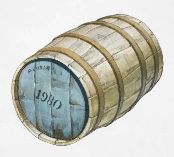 Framed Print : Oak cask labelled 1980 front view