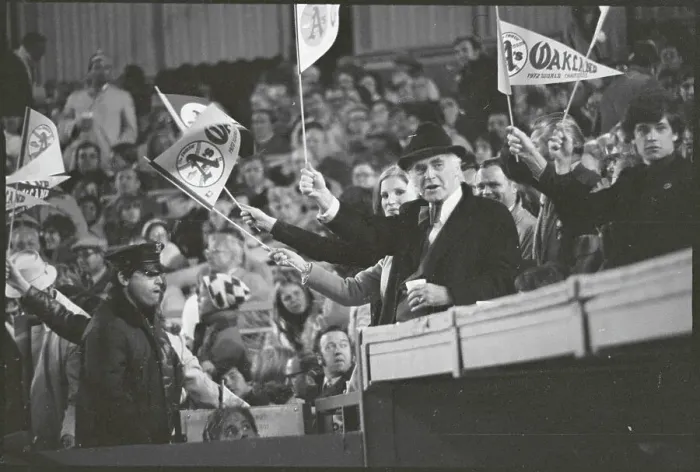 Framed Print : Oakland A's Owner Charley Finley with Banner in Crowded Stadium Framed Print : Oakland A's Owner Charley Finley with Banner in Crowded Stadium