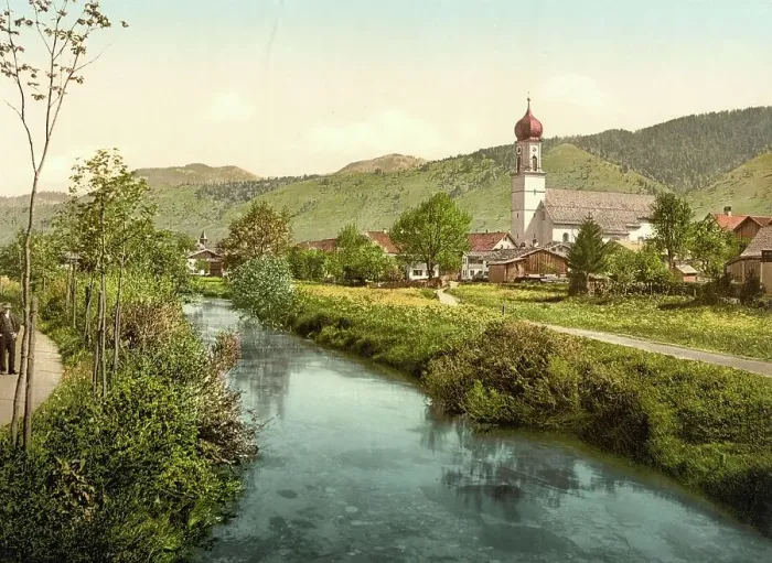 Framed Print : Oberammergau, town view over the river Ammer, Bavaria, Germany, Historic, photochrome print from the 1890s Framed Print : Oberammergau, town view over the river Ammer, Bavaria, Germany, Historic, photochrome print from the 1890s