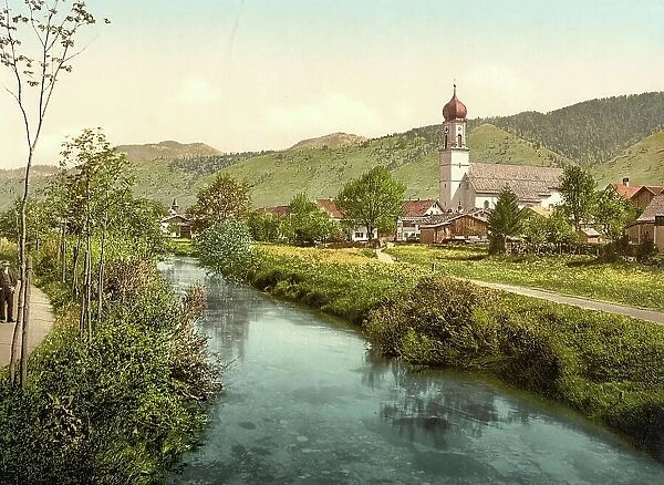Oberammergau, town view over the river Ammer, Bavaria, Germany, Historic, photochrome print from the 1890s