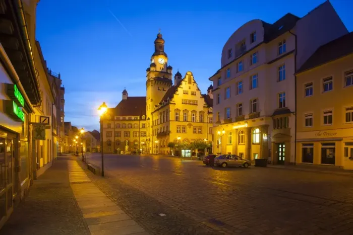 Framed Print : Obermarkt market square with the Town Hall at dusk, Dobeln, Saxony, Germany Framed Print : Obermarkt market square with the Town Hall at dusk, Dobeln, Saxony, Germany