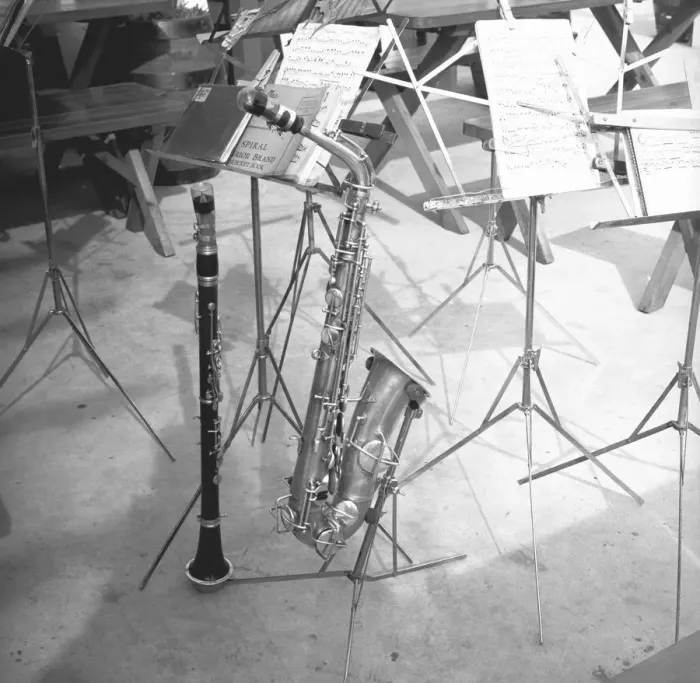 Framed Print : Oboe and saxophone with music sheets, (B&W) Framed Print : Oboe and saxophone with music sheets, (B&W)