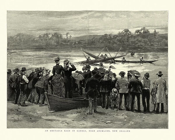 Obstacle canoe race, Auckland, New Zealand, 19th Century