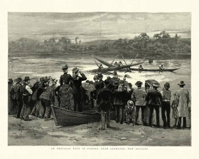 Framed Print : Obstacle canoe race, Auckland, New Zealand, 19th Century Framed Print : Obstacle canoe race, Auckland, New Zealand, 19th Century