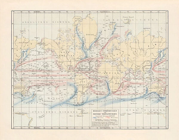 Ocean currents and sea depths, lithograph, published in 1897