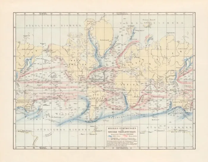 Framed Print : Ocean currents and sea depths, lithograph, published in 1897 Framed Print : Ocean currents and sea depths, lithograph, published in 1897