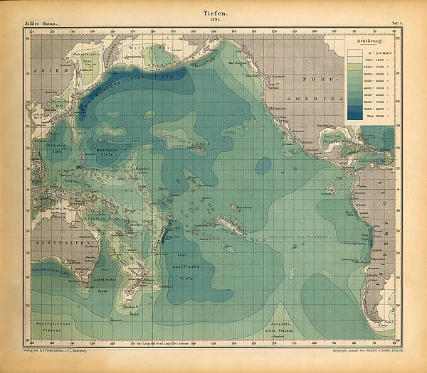 Ocean Depth Chart, Pacific Ocean, German Antique Victorian Engraving, 1896