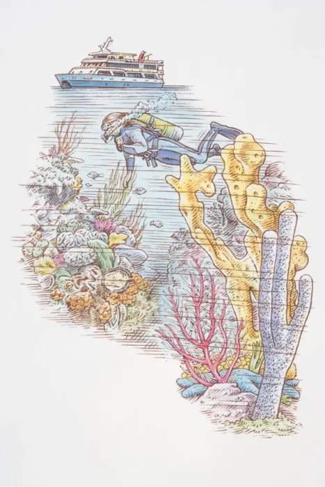 Framed Print : Ocean diver in colourful underwater landscape, passenger boat passing by overhead Framed Print : Ocean diver in colourful underwater landscape, passenger boat passing by overhead