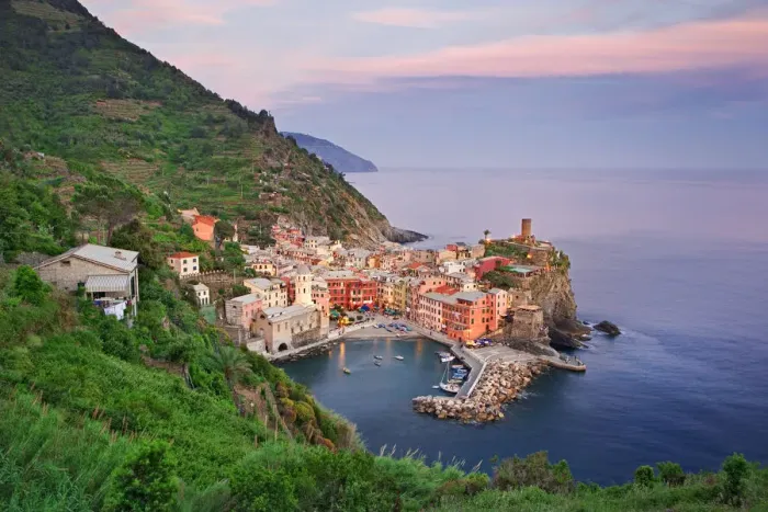 Framed Print : Oceanside town at sunset, Vernazza, Italy Framed Print : Oceanside town at sunset, Vernazza, Italy