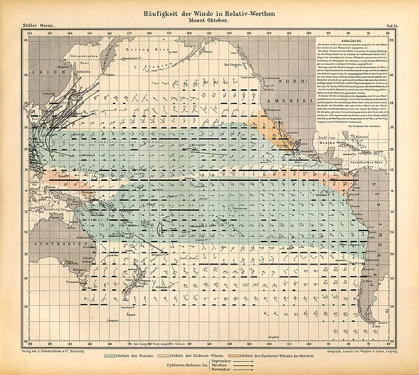 October Frequency of Winds in Relative Values Chart, Pacific Ocean, German Antique Victorian Engraving, 1896
