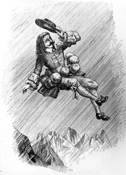 Framed Print : Take Off. Savinien Cyrano de Bergerac (1619 - 1655) as portrayed in one of his comic tales Framed Print : Take Off. Savinien Cyrano de Bergerac (1619 - 1655) as portrayed in one of his comic tales