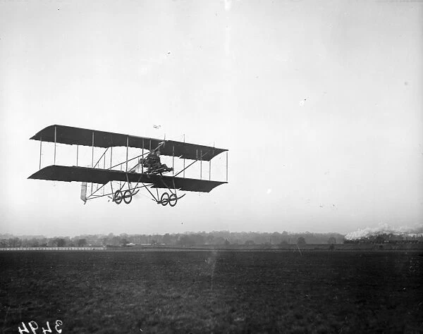 Take Off. March 1916: A bi-plane taking off from the airfield at Hendon Flying School