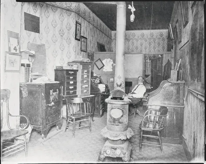 Framed Print : Office Interior with Old Fashioned Stove Framed Print : Office Interior with Old Fashioned Stove