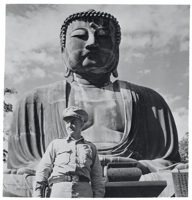 Framed Print : US Officer Stands Near Giant Buddha Framed Print : US Officer Stands Near Giant Buddha