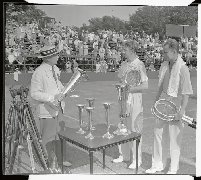 Framed Print : Official Handing Trophy to Don Budge Framed Print : Official Handing Trophy to Don Budge