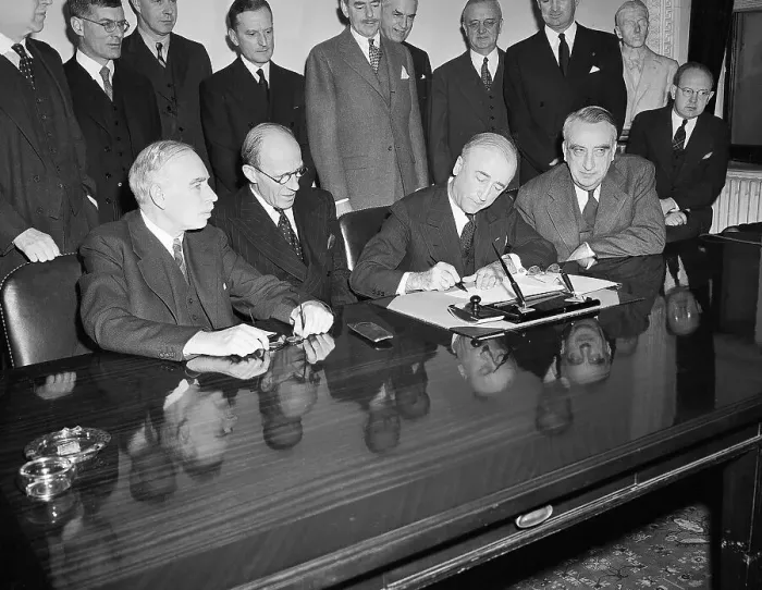 Framed Print : Officials at Brit Loan Agreement Signing Framed Print : Officials at Brit Loan Agreement Signing