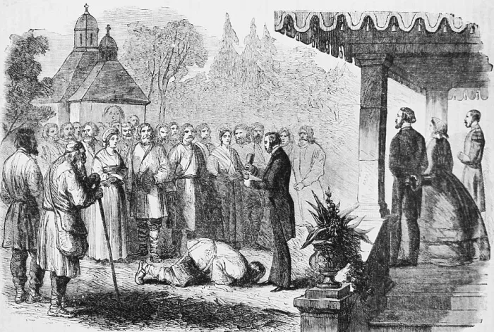 Framed Print : Officials with Serfs Receiving Their Freedom Framed Print : Officials with Serfs Receiving Their Freedom
