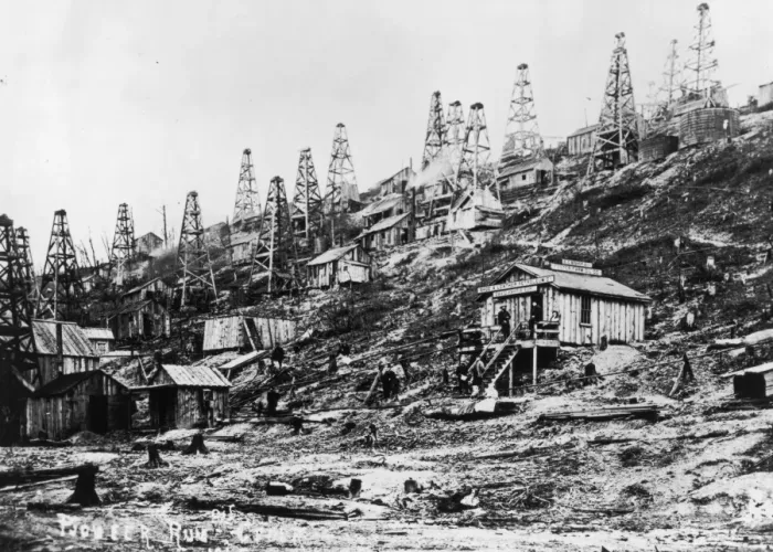 Framed Print : Oil Boom. A Photograph of Pioneering Worlds First Commercial Oil Well in