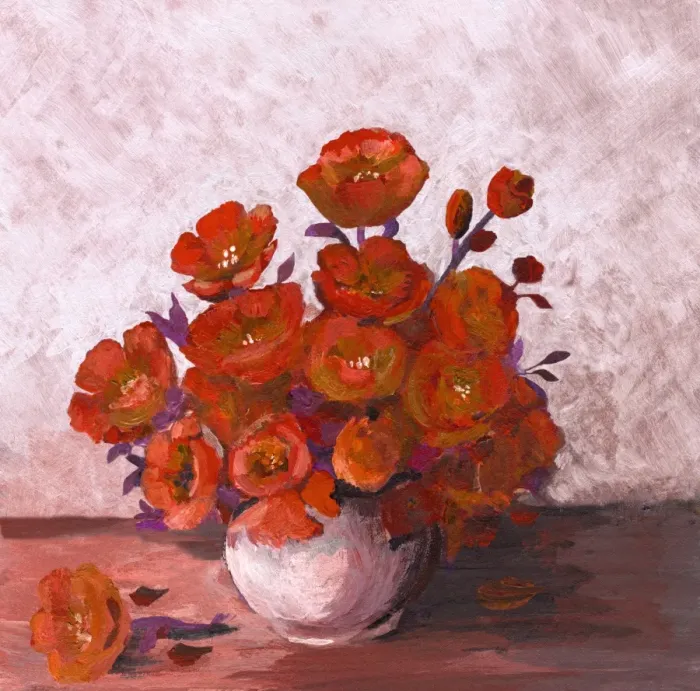 Framed Print : Oil painted bunch of red poppies arrangement in white vase