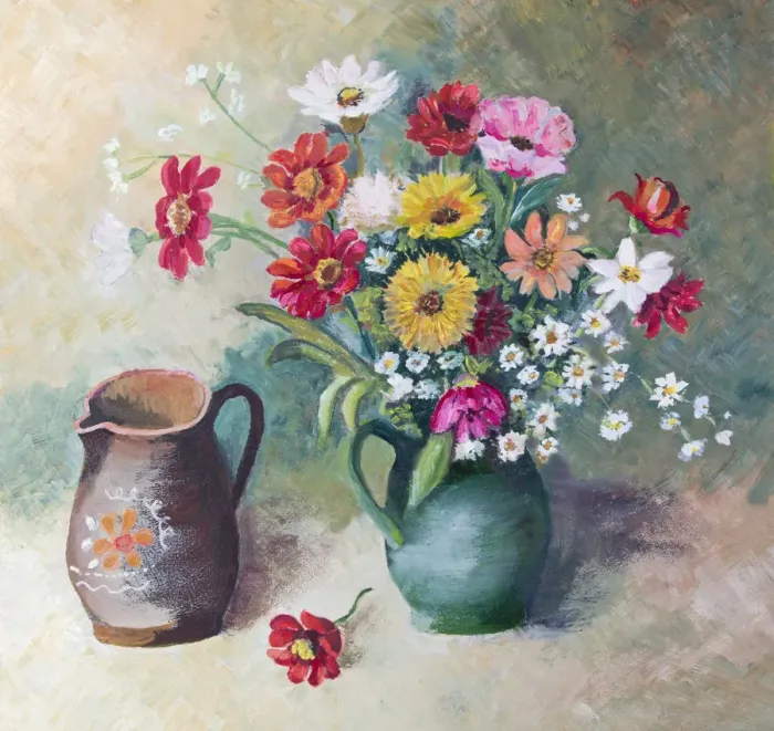 Framed Print : Oil painted flower arrangement still life with two vases Framed Print : Oil painted flower arrangement still life with two vases