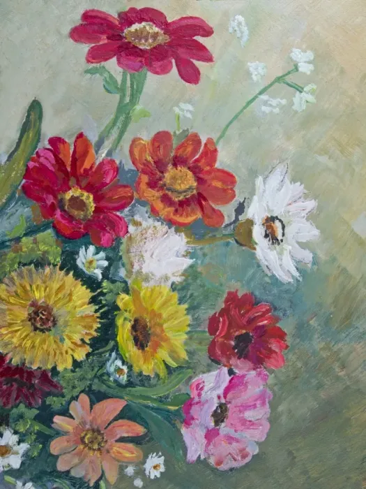 Framed Print : Oil painted multi colored daisy family flowers