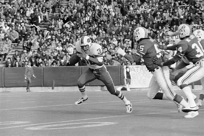 Framed Print : O.J. Simpson Runs with Ball Away from Patriots Framed Print : O.J. Simpson Runs with Ball Away from Patriots