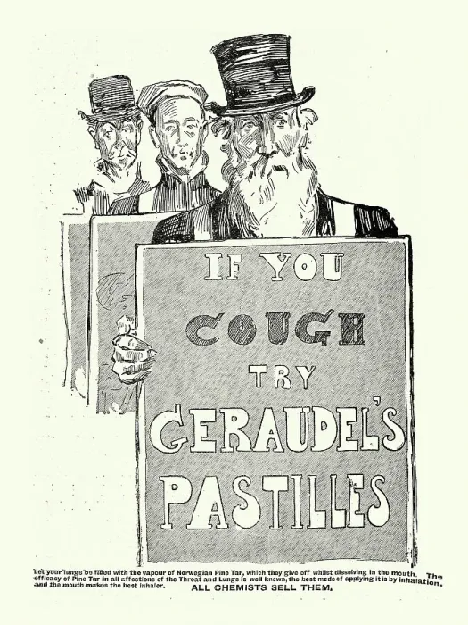 Framed Print : Old advert for Geraudel's cough pastilles, men carrying sandwich advertising board, 1890s, 19th Century Framed Print : Old advert for Geraudel's cough pastilles, men carrying sandwich advertising board, 1890s, 19th Century