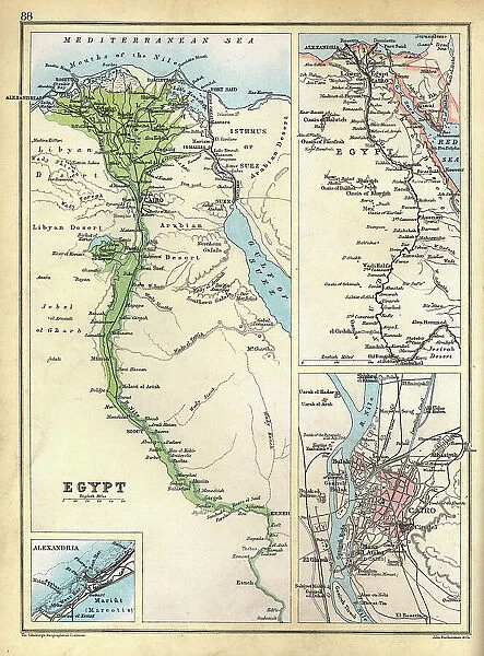 Old Antique map of Egypt, detail of River Nile, Alexandria, Cairo, 1890s, Victorian 19th Century history