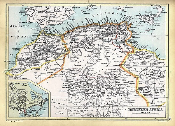Old Antique map of North Africa, Morocco, Algeria, Tunisia, Libya, detail of Tunis, 1890s, Victorian 19th Century history