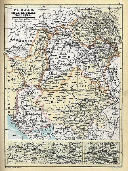 Old Antique map of Punjab, Sindh, Rajputana, Kashmir, 1890s, Victorian 19th Century
