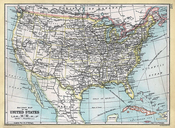 Old antique railway map of the United States of America, USA, 1890s, 19th Century
