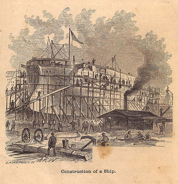 Old, Black and White Illustration of Ship Construction, From 1800's