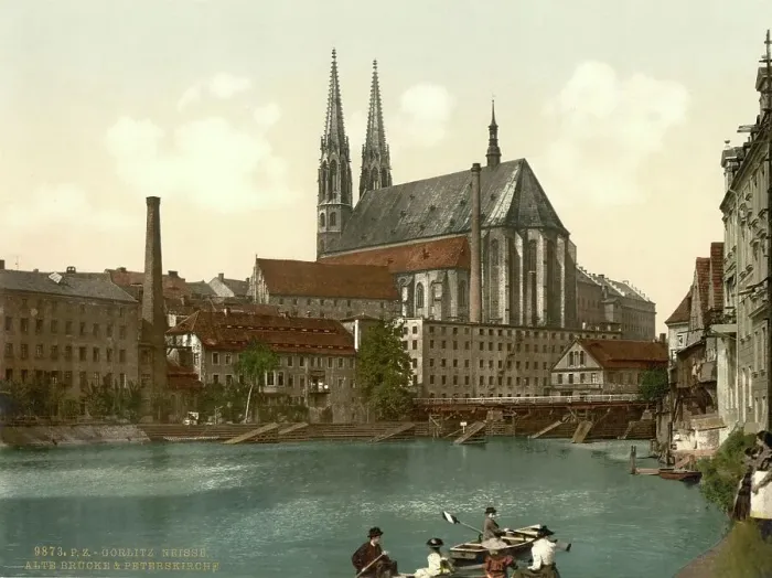 Framed Print : Old Bridge and Parish Church of St. Peter and Paul in Goerlitz, St. Peter's Church for short, c. 1890, Germany, Historic, digitally restored reproduction from a 19th century original Framed Print : Old Bridge and Parish Church of St. Peter and Paul in Goerlitz, St. Peter's Church for short, c. 1890, Germany, Historic, digitally restored reproduction from a 19th century original