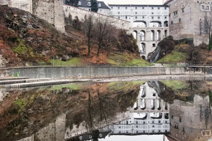 Framed Print : Old Cesky Krumlov town reflected in Vltava River Framed Print : Old Cesky Krumlov town reflected in Vltava River