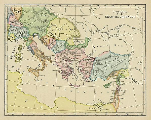 Old chromolithograph general map of era of the Crusades