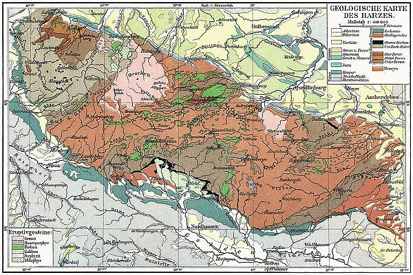 Old chromolithograph geological map of the Harz, a highland area in northern Germany, has the highest elevations for that region, and its rugged terrain extends across parts of Lower Saxony, Saxony-Anhalt, and Thuringia