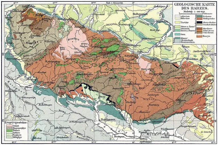 Framed Print : Old chromolithograph geological map of the Harz, a highland area in northern Germany, has the highest elevations for that region, and its rugged terrain extends across parts of Lower Saxony, Saxony-Anhalt, and Thuringia Framed Print : Old chromolithograph geological map of the Harz, a highland area in northern Germany, has the highest elevations for that region, and its rugged terrain extends across parts of Lower Saxony, Saxony-Anhalt, and Thuringia