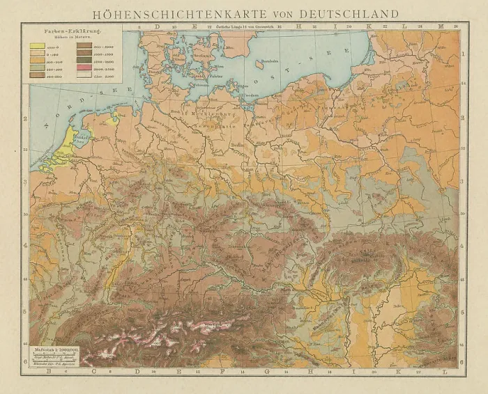Framed Print : Old chromolithograph illustration altitude (topographic) map of Germany Framed Print : Old chromolithograph illustration altitude (topographic) map of Germany